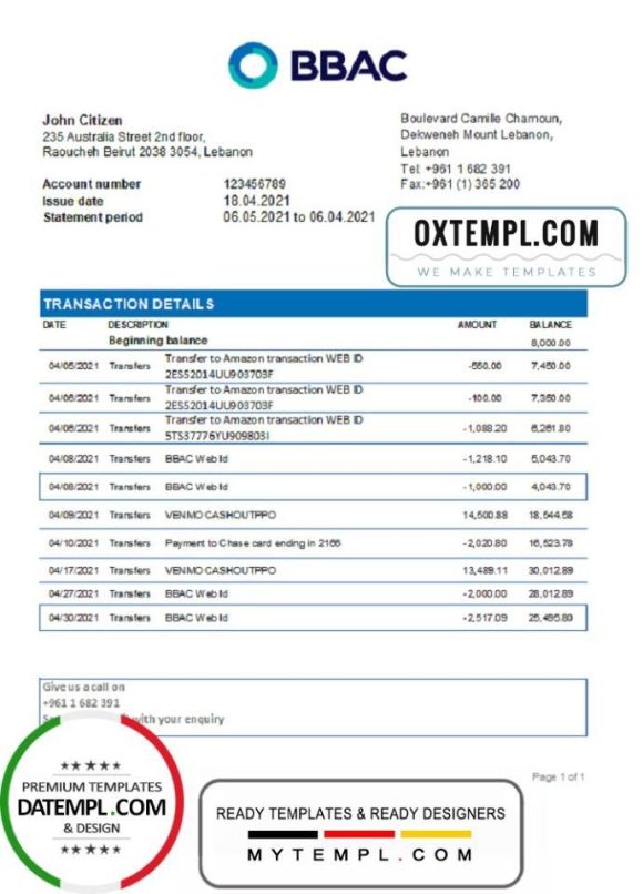 editable template, Lebanon BBAC Bank statement easy to fill template in .xls and .pdf file format