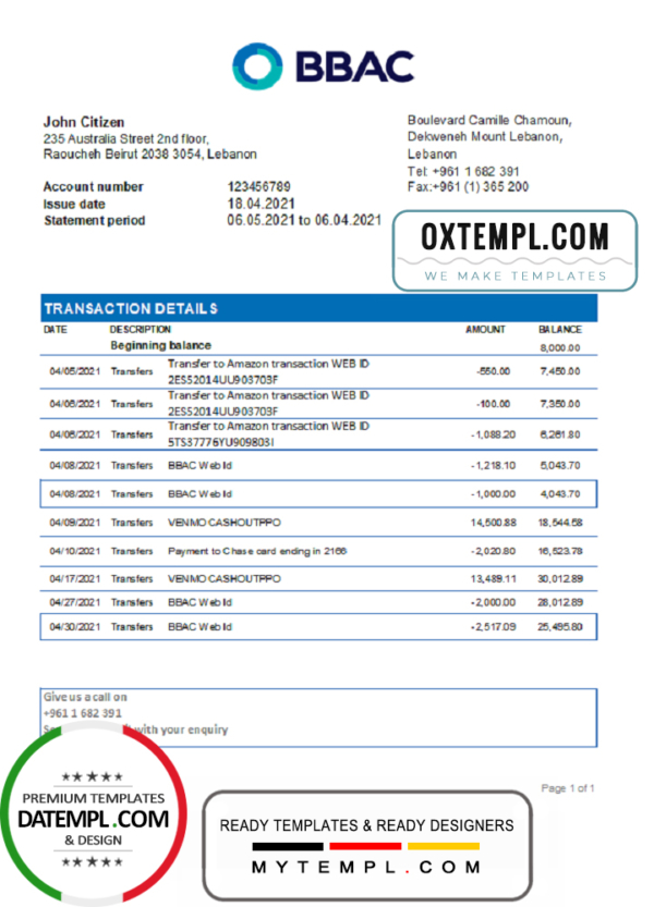 editable template, Lebanon BBAC Bank statement easy to fill template in .xls and .pdf file format