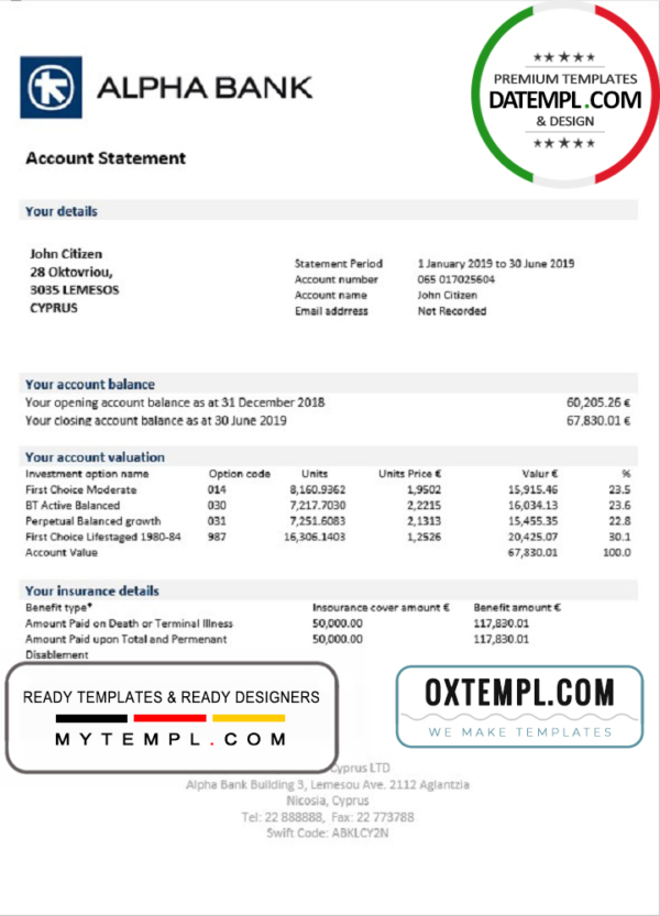 editable template, Cyprus Alpha Bank statement template in Word and PDF format