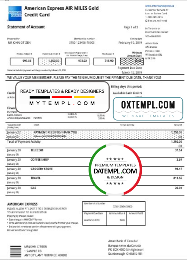 editable template, Canada American Express Air Miles Credit Card account statement easy to fill template in Word and PDF format
