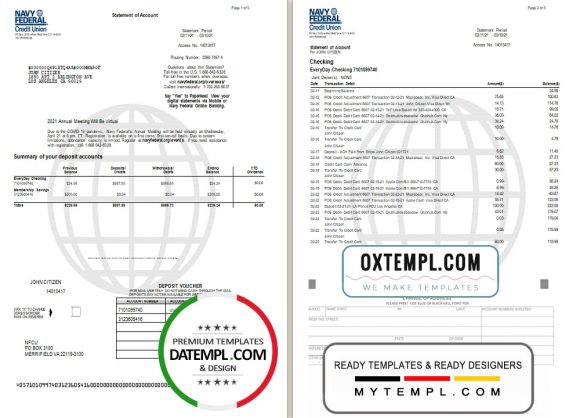 editable template, USA Navy Federal Union bank statement template in Word and PDF format (5 pages)