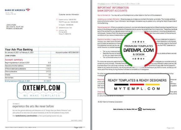 editable template, USA Bank of America bank statement template in Word and PDF format (6 pages), Version 2