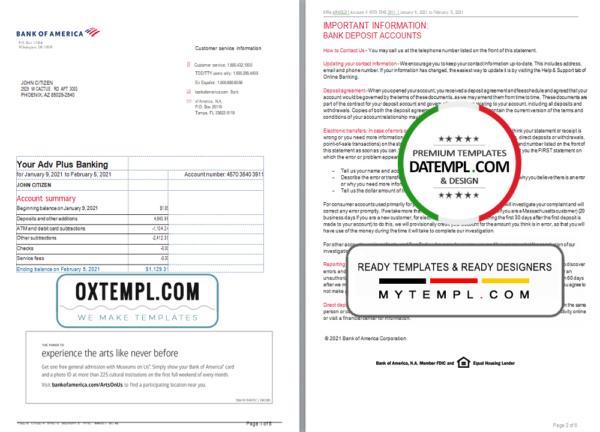editable template, USA Bank of America bank statement template in Word and PDF format (6 pages), Version 2
