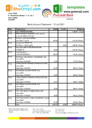editable template, Albania ProCredit bank statement template in Excel and PDF format