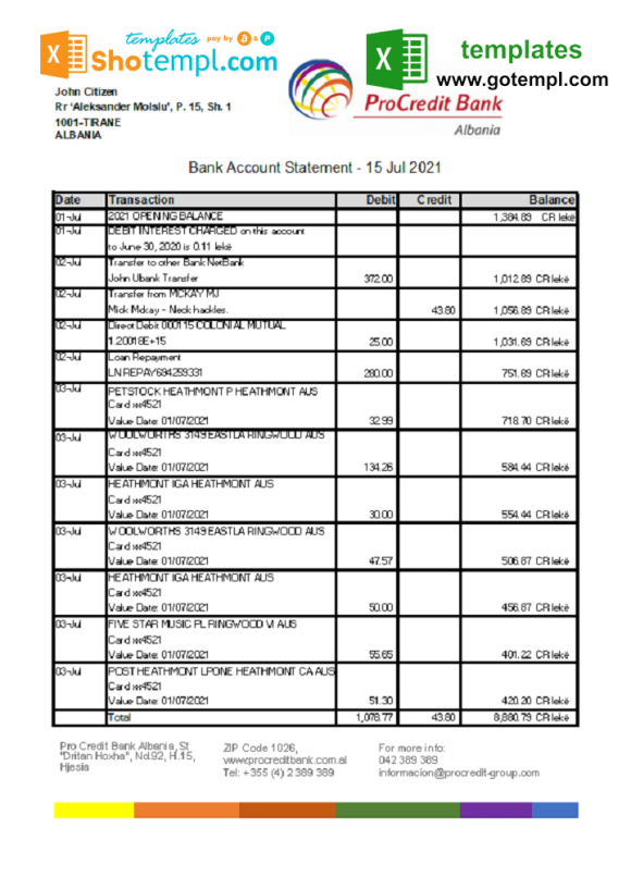 editable template, Albania ProCredit bank statement template in Excel and PDF format