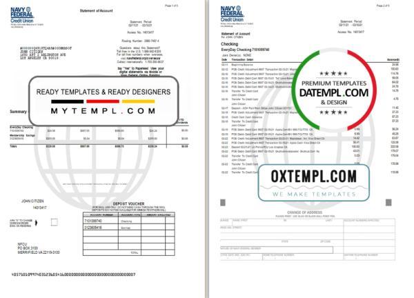 editable template, USA Navy Federal Union bank statement template in Excel and PDF format (5 pages)