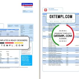 editable template, United Kingdom Nationwide bank statement template in .xls and .pdf format (5 pages)