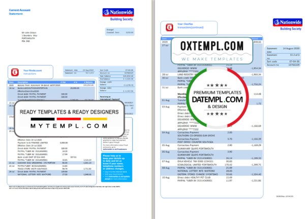 editable template, United Kingdom Nationwide bank statement template in .xls and .pdf format (5 pages)