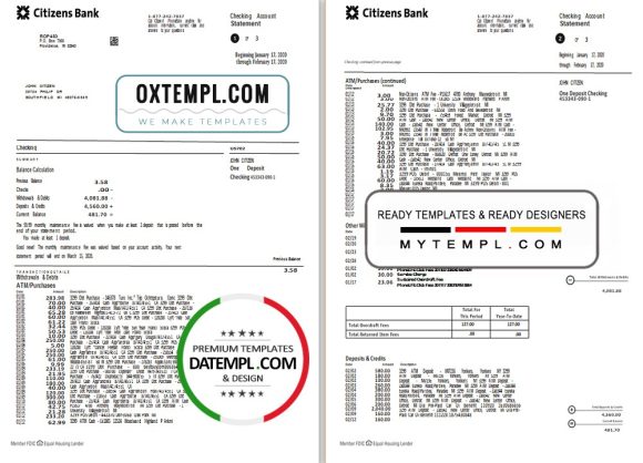 editable template, USA Citizens bank statement template in Word and PDF format, (4 pages) good for address prove