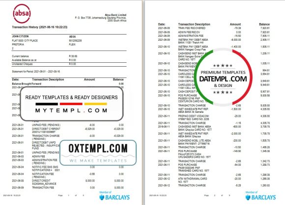 editable template, South Africa ABSA bank statement easy to fill template in Excel and PDF format (9 pages)