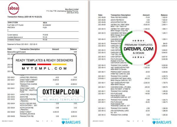 editable template, South Africa ABSA bank statement easy to fill template in Excel and PDF format (9 pages)