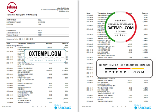 editable template, South Africa ABSA bank statement easy to fill template in Word and PDF format (9 pages)