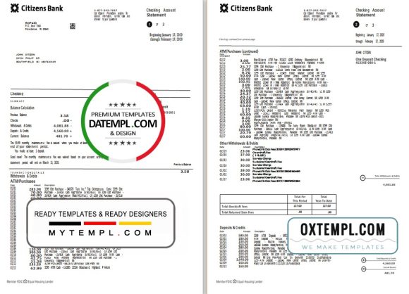 editable template, USA Citizens bank statement template in Excel and PDF format, (4 pages) good for address prove