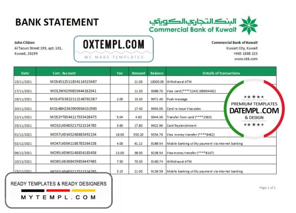 editable template, Kuwait Commercial Bank statement easy to fill template in .xls and .pdf file format