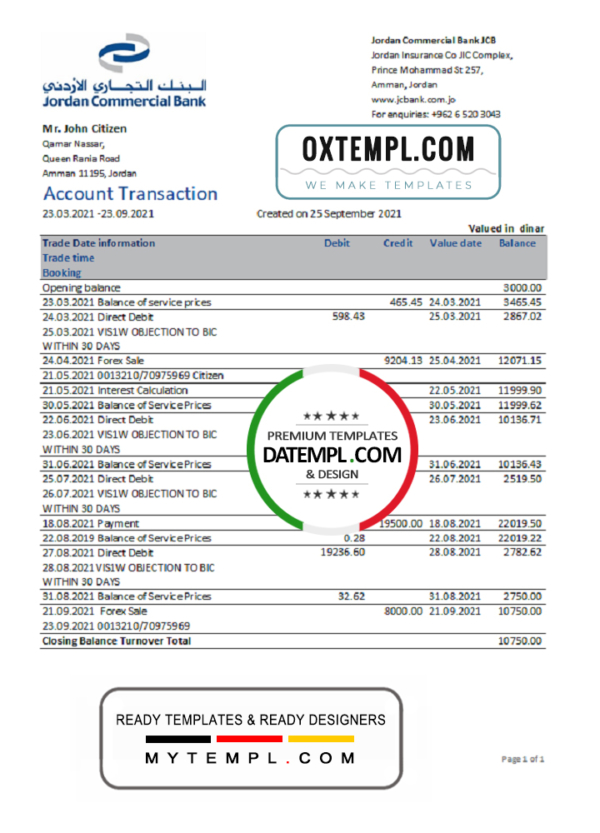 editable template, Jordan Commercial Bank JCB bank statement easy to fill template in .xls and .pdf file format