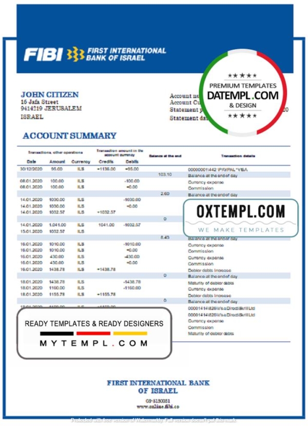editable template, Israel First International Bank of Israel proof of address bank statement template in Word and PDF format