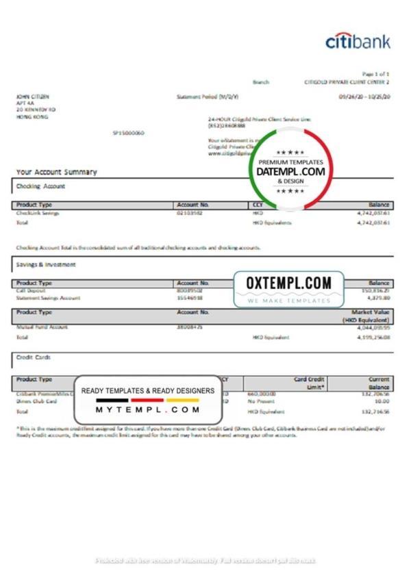 editable template, Hong Kong Citibank credit card statement template in Word and PDF format