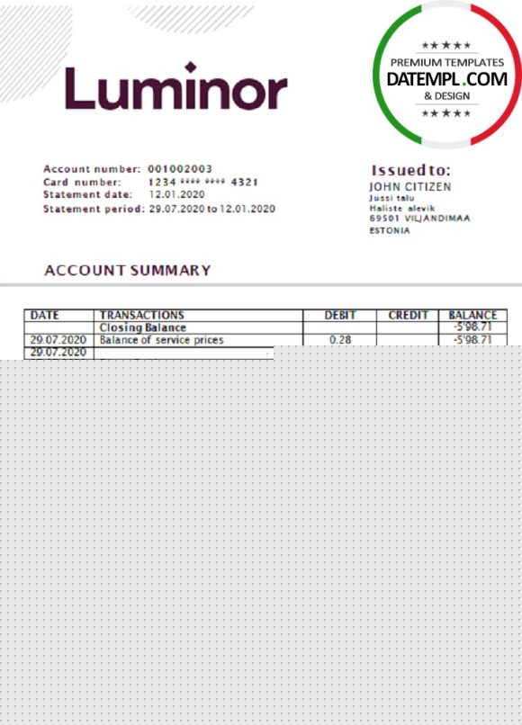 editable template, Estonia Luminor Bank proof of address bank statement template in Word and PDF format, .doc and .pdf format