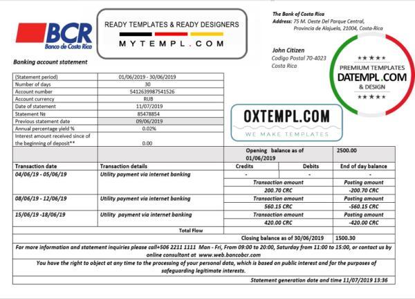 editable template, Costa Rica The Bank of Costa Rica bank statement template in Word and PDF format