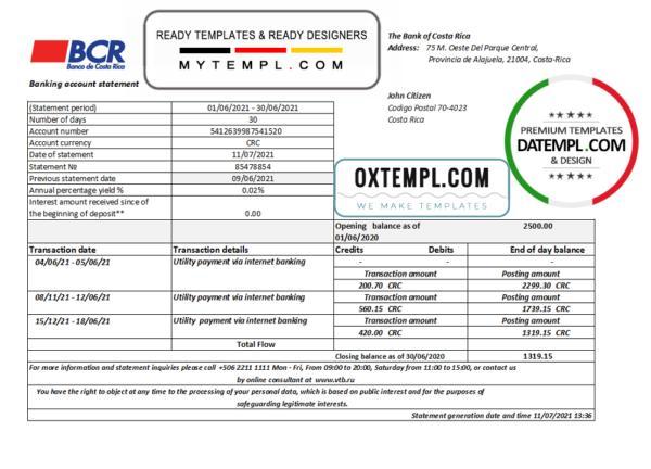 editable template, Costa Rica The Bank of Costa Rica bank statement easy to fill template in Excel and PDF format