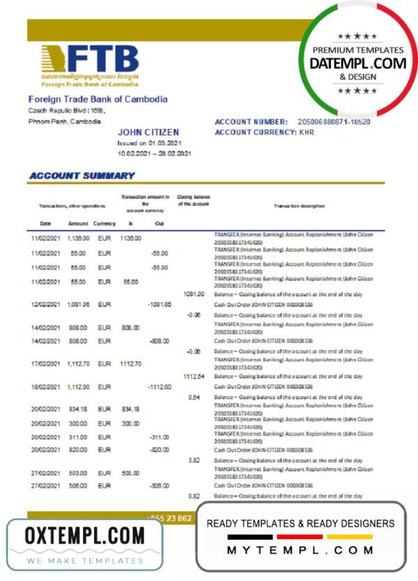 editable template, Cambodia Foreign Trade Bank of Cambodia bank statement easy to fill template in Excel and PDF format