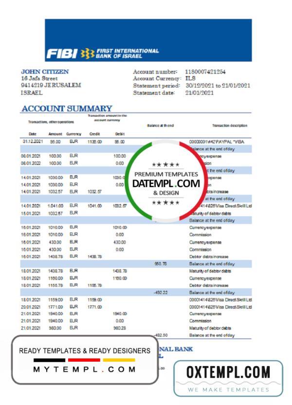 editable template, Israel First International Bank of Israel bank statement easy to fill template in Excel and PDF format