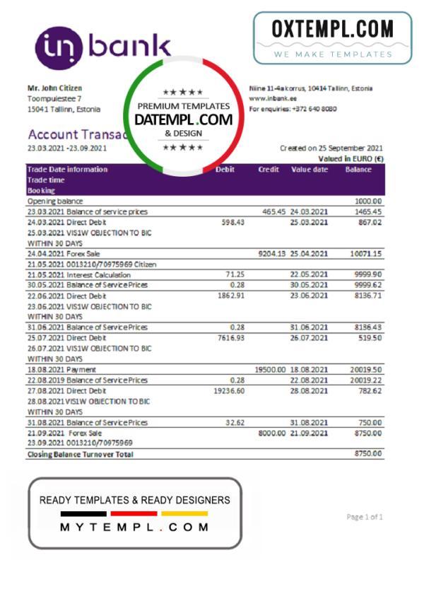 editable template, Estonia Inbank bank statement easy to fill template in Excel and PDF format