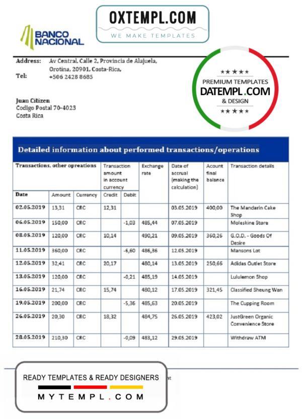 editable template, Costa Rica Banco Nacional de Costa Rica proof of address bank statement template in Word and PDF format
