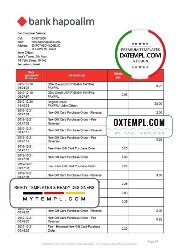 editable template, Israel Bank Hapoalim proof of address bank statement template in Word and PDF format