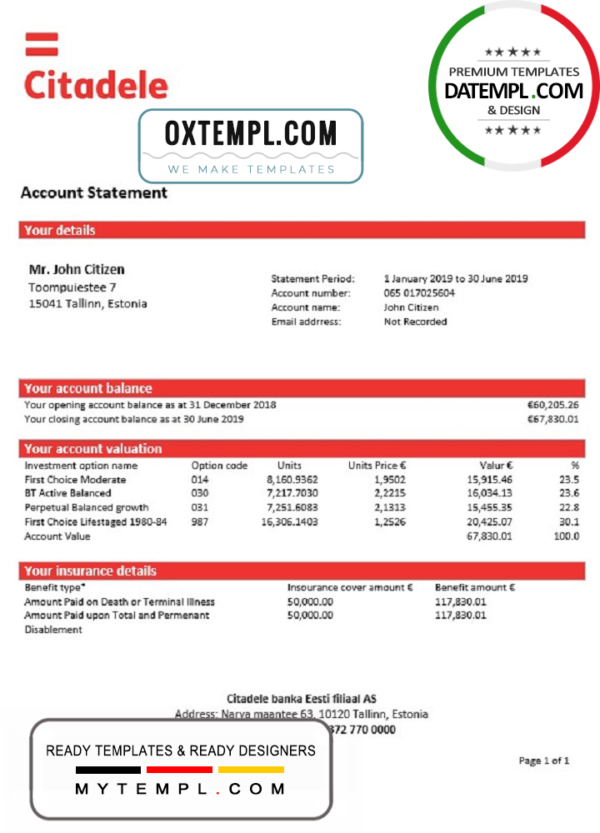 editable template, Estonia Citadele banka Eesti filiaal AS proof of address statement template in Word and PDF format, .doc and .pdf format