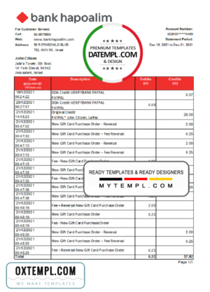 Israel Bank Hapoalim bank statement easy to fill template in .xls and .pdf file format