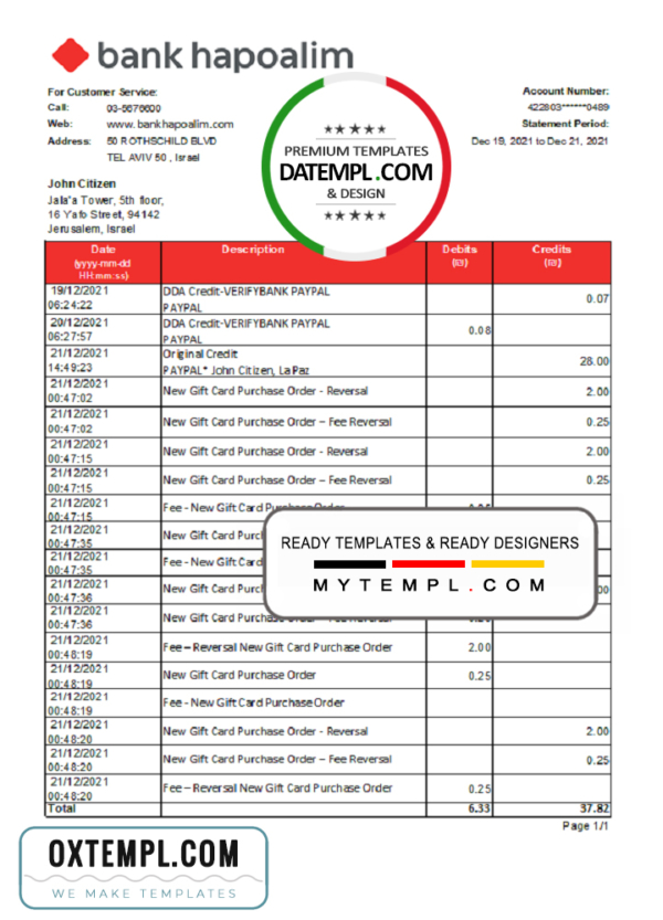 editable template, Israel Bank Hapoalim bank statement easy to fill template in .xls and .pdf file format
