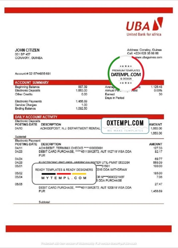 editable template, Guinea UBA Bank statement template in Word and PDF format, good for address prove