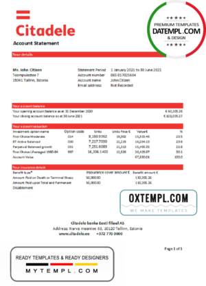 Estonia Citadele banka Eesti filiaal AS bank statement template in Excel and PDF format