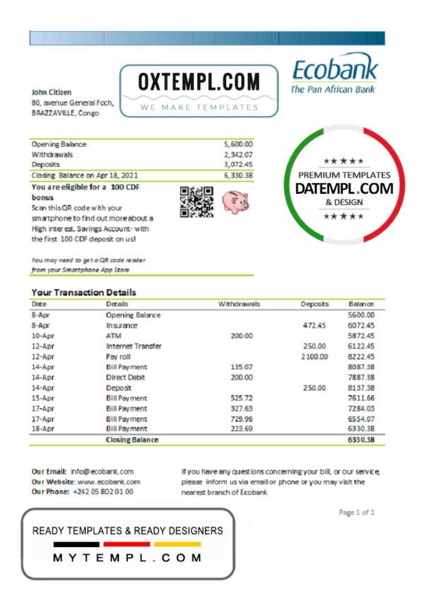 editable template, Congo Ecobank bank statement template in Word and PDF (.doc and .pdf) format