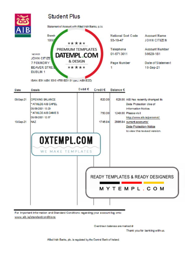 editable template, Ireland AIB bank statement easy to fill template in Excel and PDF format