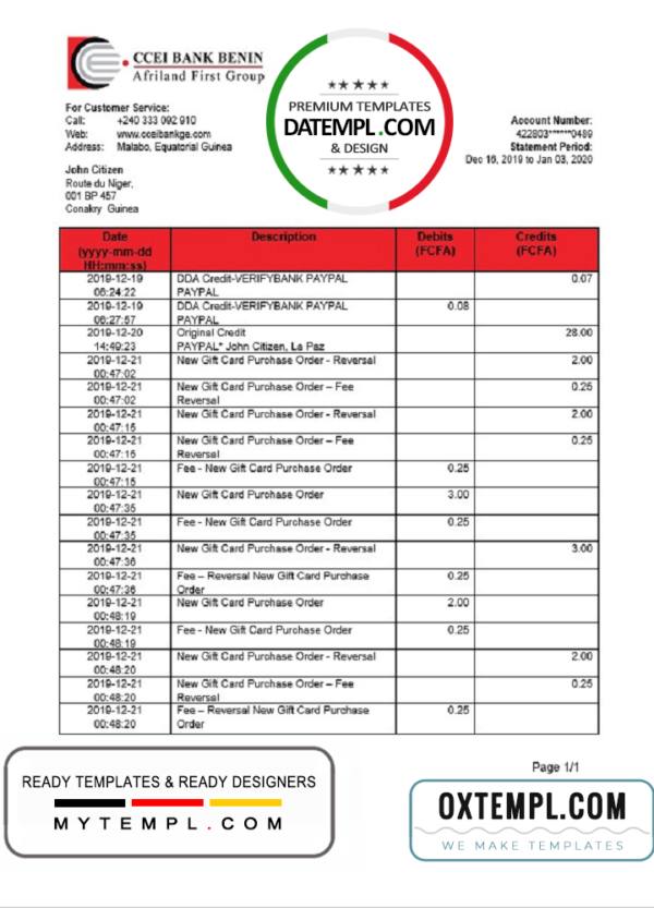 editable template, Equatorial Guinea CCEI Bank proof of address statement template in Word and PDF format