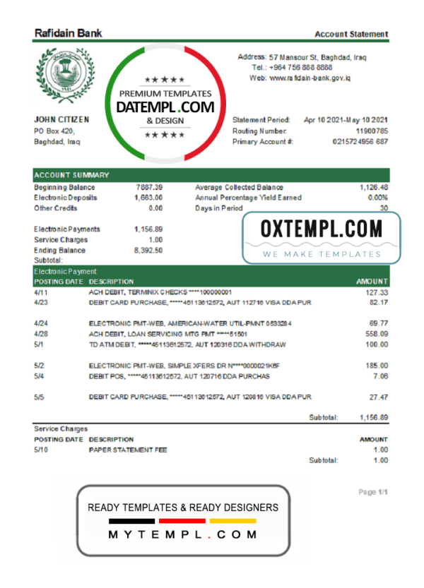 editable template, Iraq Rafidain Bank statement template in .xls and .pdf file format