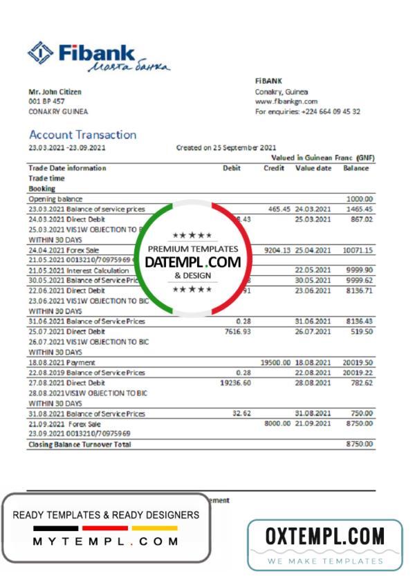 editable template, Guinea Fibank bank statement template in .xls and .pdf file format