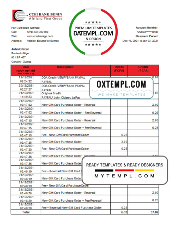 editable template, Equatorial Guinea CCEI Bank Benin bank statement easy to fill template in .xls and .pdf file format