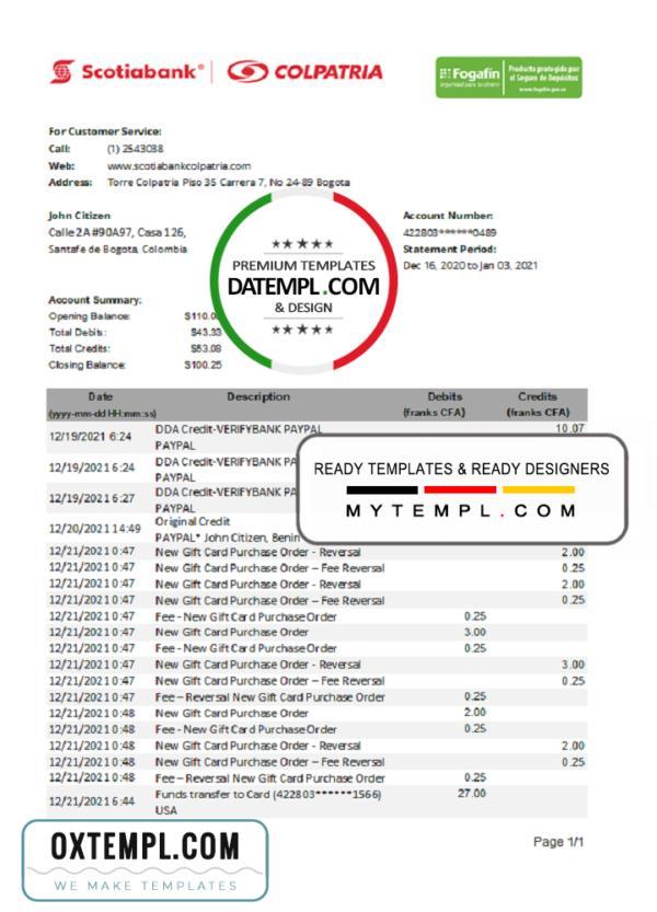 editable template, Colombia Scotiabank Colpatria bank proof of address statement template in Excel and PDF format (.xls and .pdf)