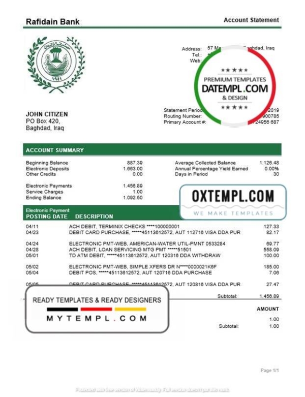 editable template, Iraq Rafidain bank statement easy to fill template in Word and PDF format