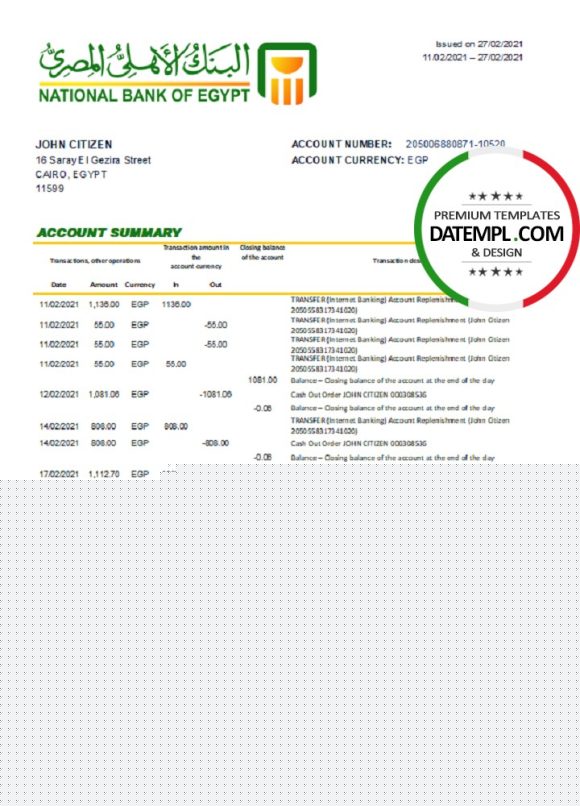editable template, Egypt National Bank of Egypt bank statement easy to fill template in Excel and PDF format