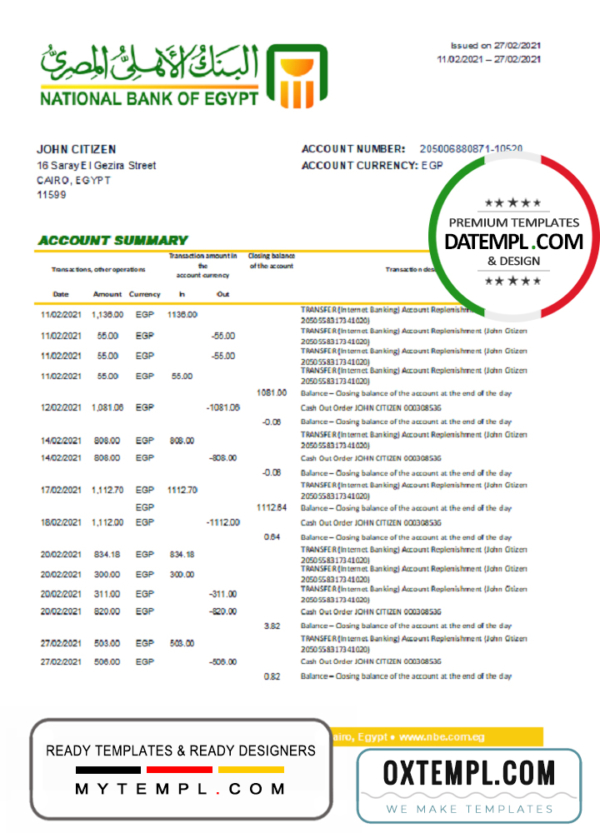 editable template, Egypt National Bank of Egypt bank statement easy to fill template in Excel and PDF format