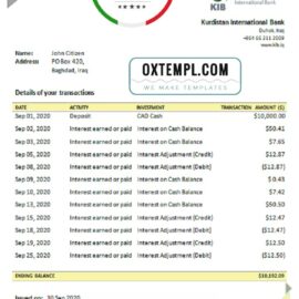 editable template, Iraq Kurdistan International Bank proof of address statement template in Excel and PDF format