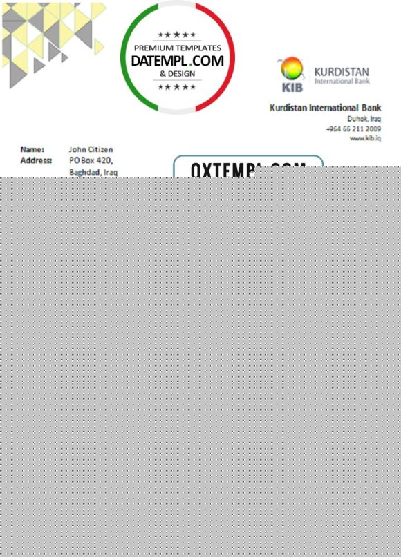editable template, Iraq Kurdistan International Bank proof of address statement template in Excel and PDF format