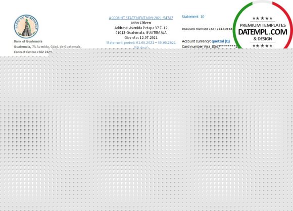 editable template, Guatemala Banco de Guatemala bank statement easy to fill template in Excel and PDF format
