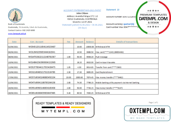 editable template, Guatemala Banco de Guatemala bank statement easy to fill template in Excel and PDF format