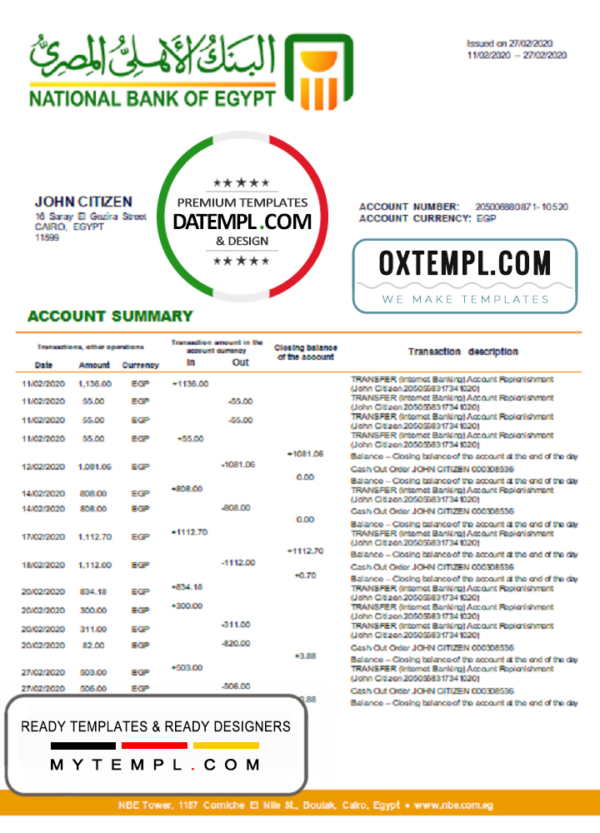 editable template, Egypt National Bank of Egypt proof of address bank statement template in Word and PDF format (.doc and .pdf)