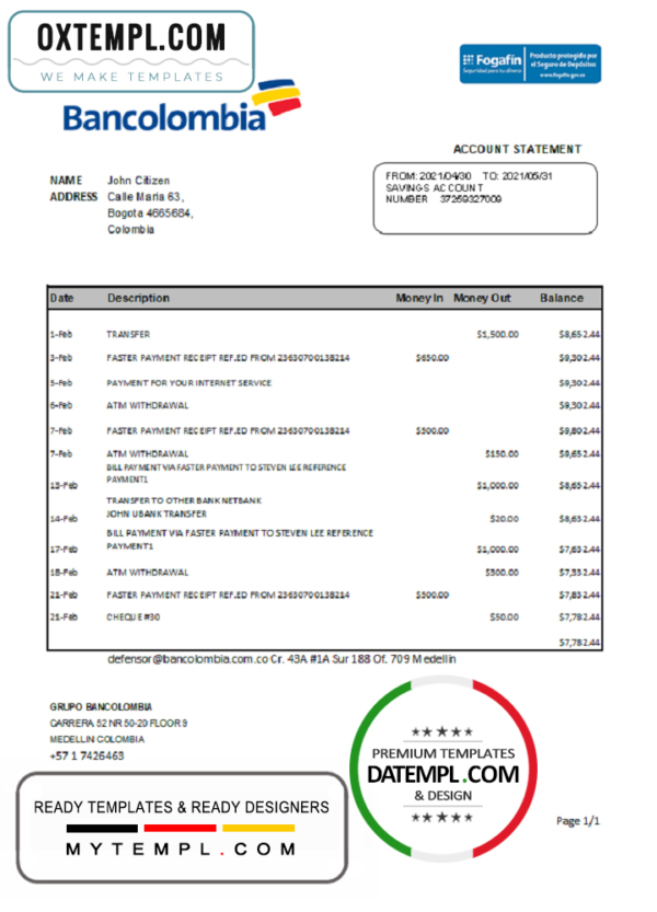 editable template, Colombia Bancolombia bank statement easy to fill template in Excel and PDF format